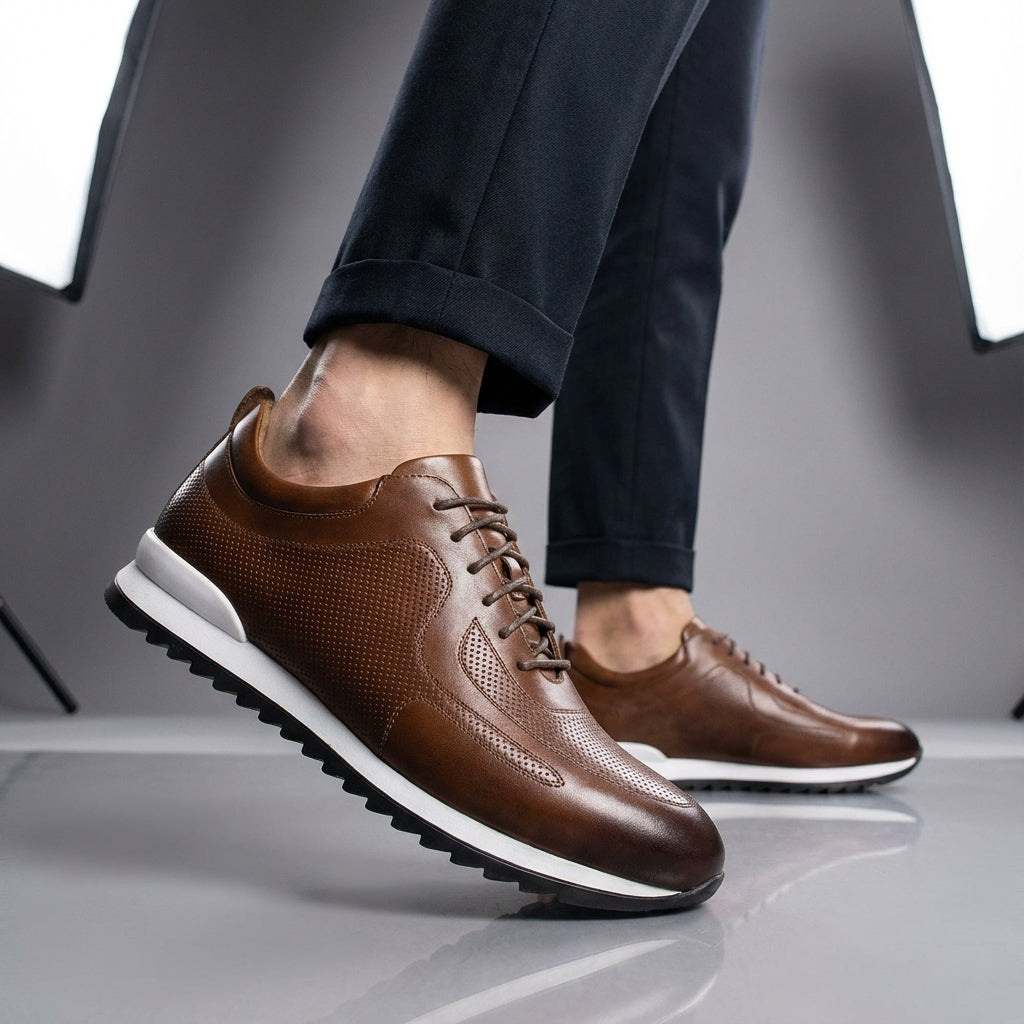 Kai | Men's Leather Lace Up Sneaker Brown White Sole