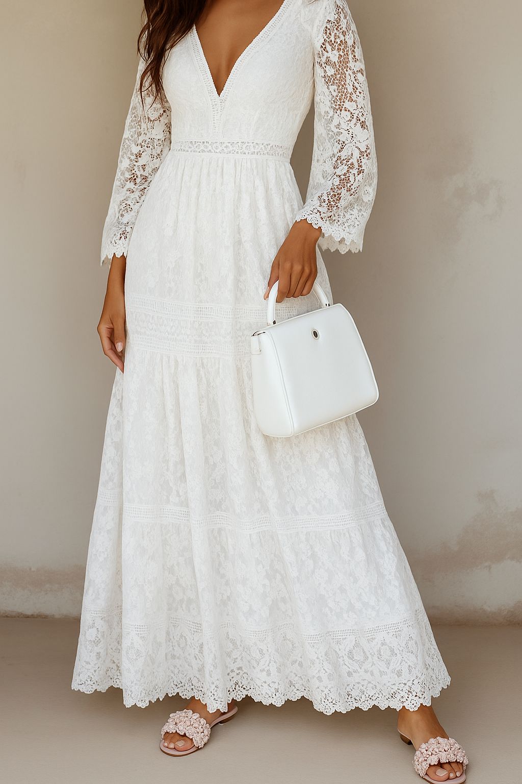 Cleo | Women's Lace Maxi Dress Cream Long Sleeve V Neck