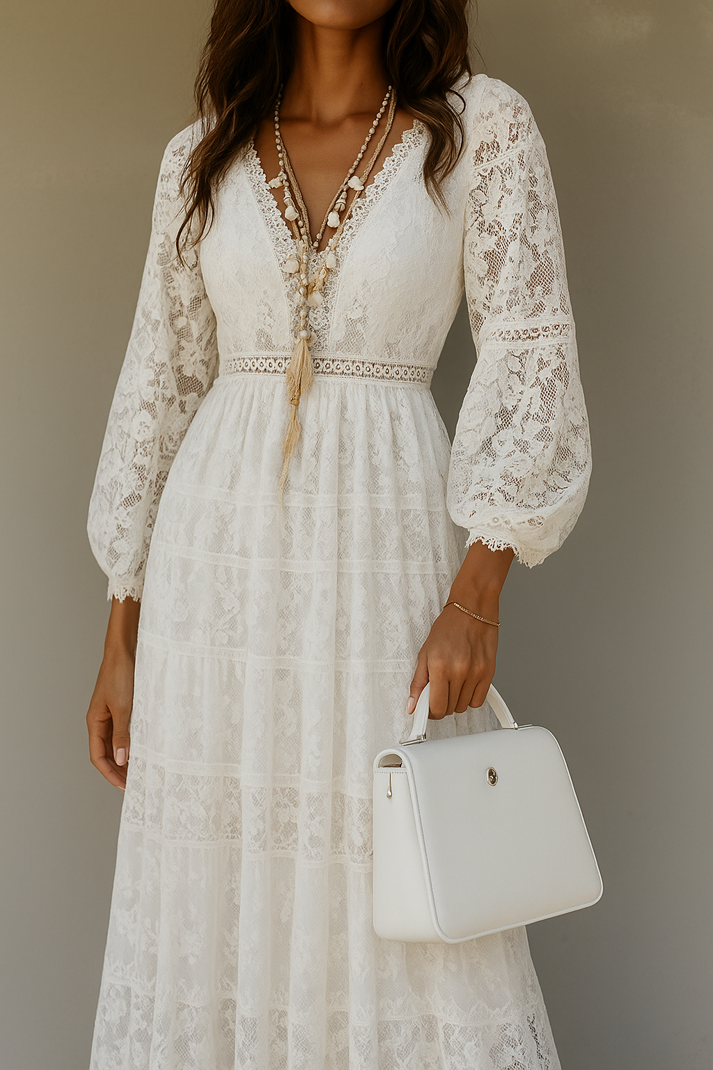 Cleo | Women's Lace Maxi Dress Cream Long Sleeve V Neck