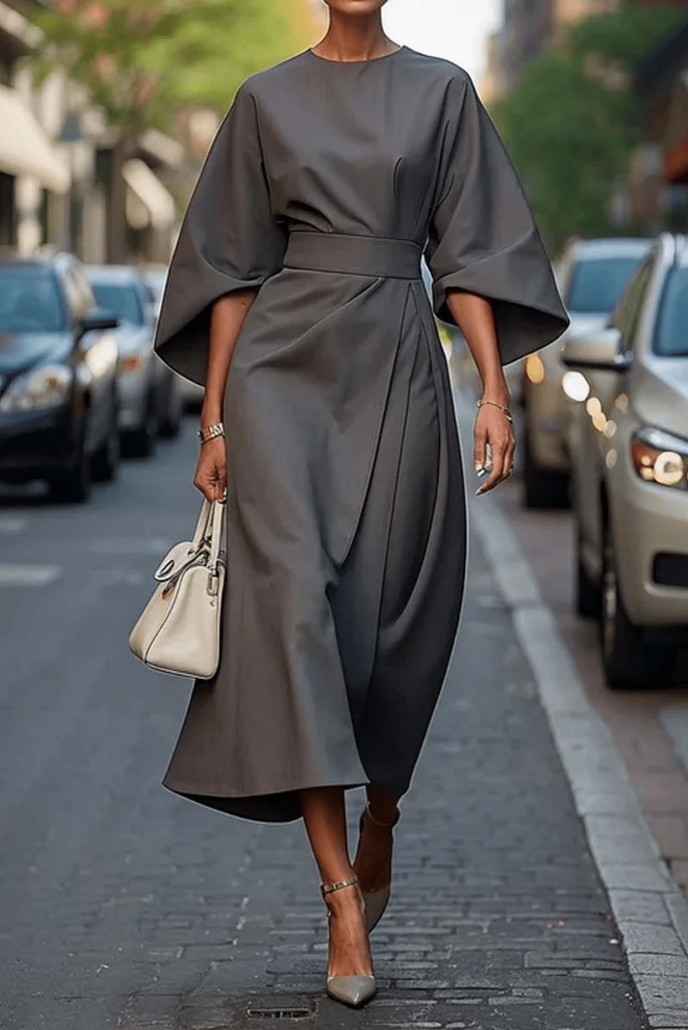 Wren | Women's Wrap Midi Dress Navy Puff Sleeve