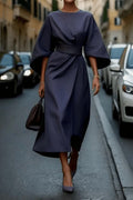 Dama Washington Wren women's wrap midi dress navy puff sleeve - front view