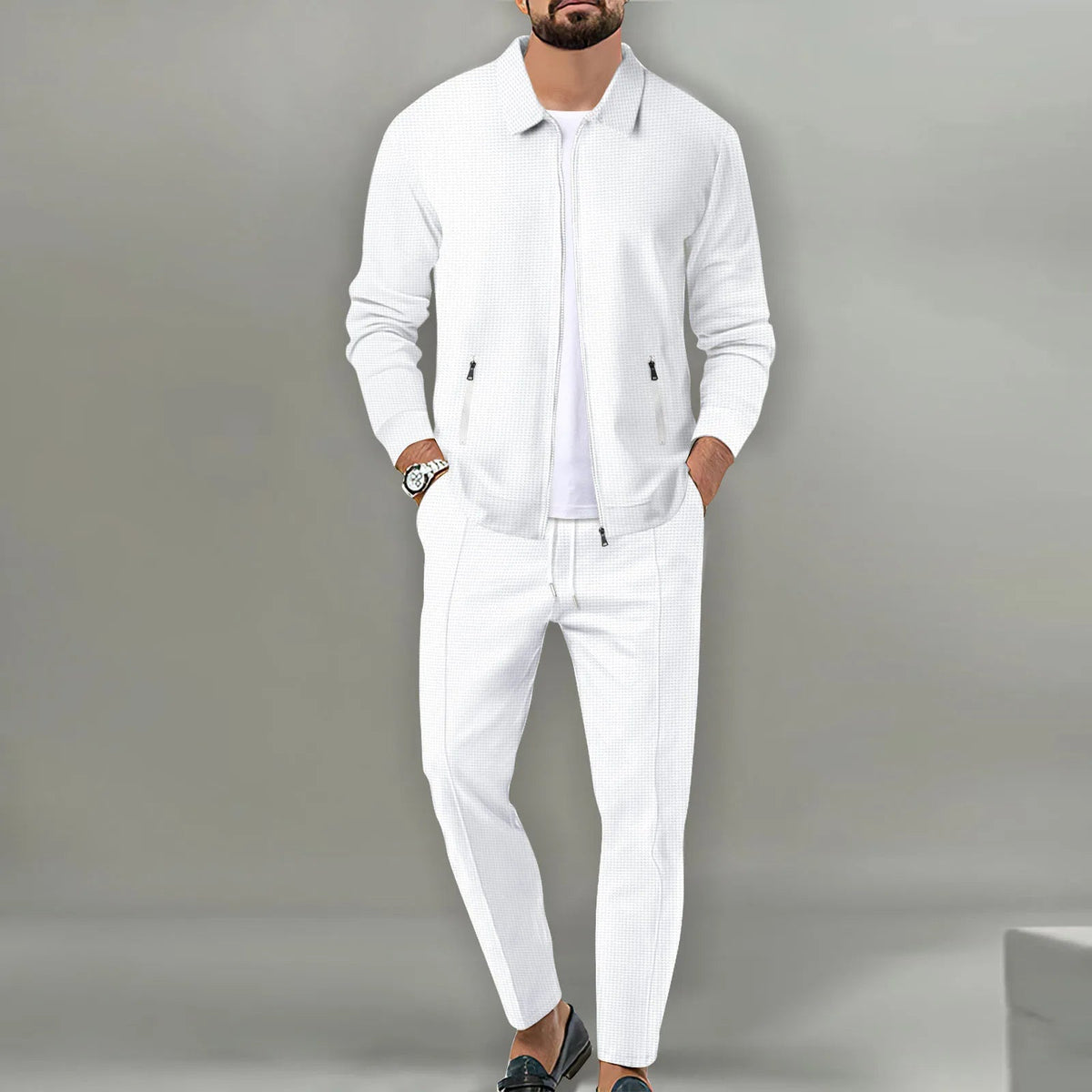 Dama Washington Rowan men's linen set white textured shirt pants - front view
