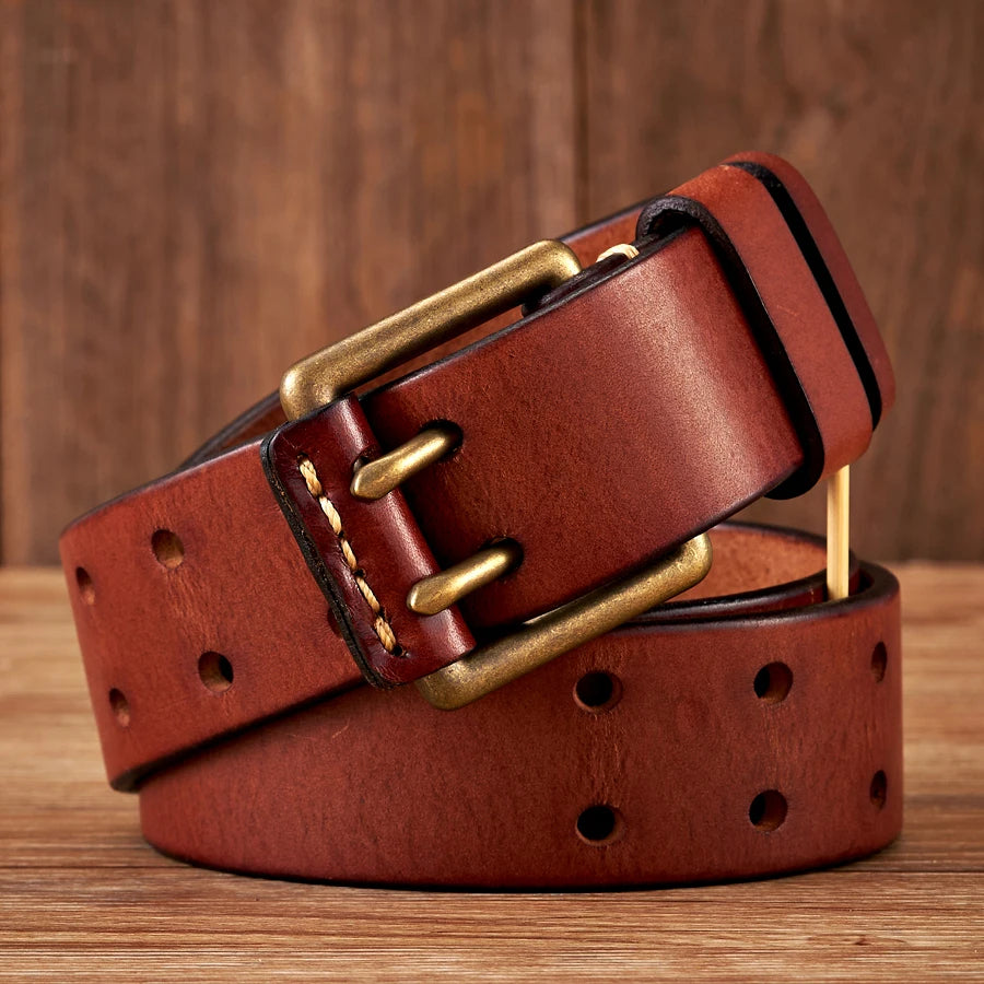 Isla | Men's Leather Belt Black Double Pin Gold Buckle