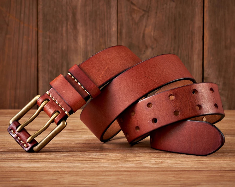 Isla | Men's Leather Belt Black Double Pin Gold Buckle