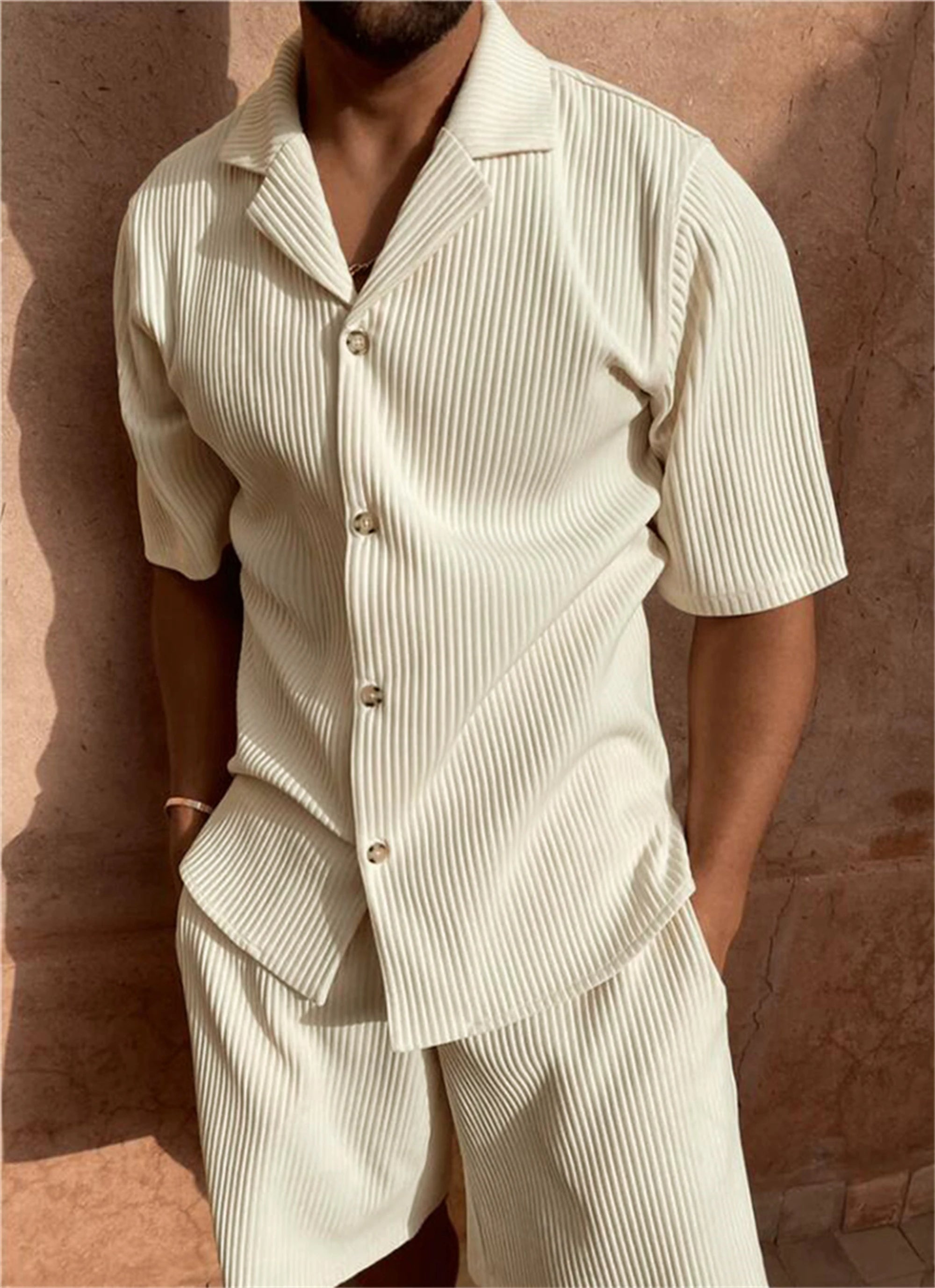 Isla | Men's Lounge Set Cream Ribbed Short Sleeve Shirt Shorts