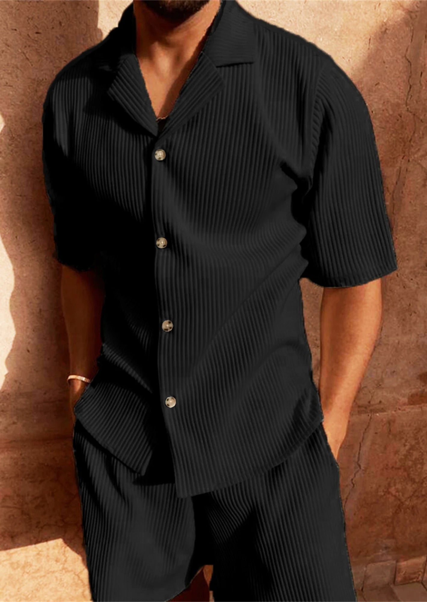 Isla | Men's Lounge Set Cream Ribbed Short Sleeve Shirt Shorts