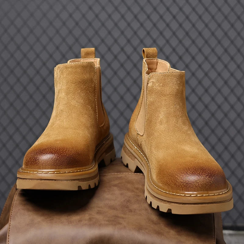 Rowan | Men's Suede Chelsea Boots Beige Lug Sole