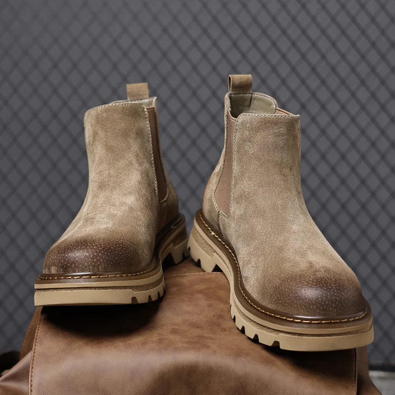 Rowan | Men's Suede Chelsea Boots Beige Lug Sole