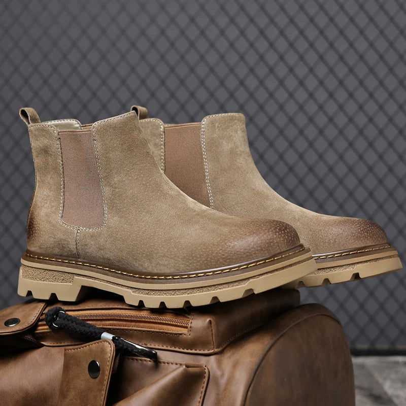 Rowan | Men's Suede Chelsea Boots Beige Lug Sole