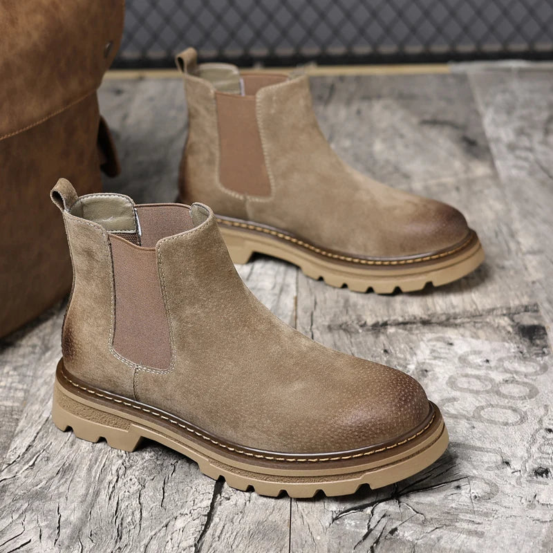 Rowan | Men's Suede Chelsea Boots Beige Lug Sole