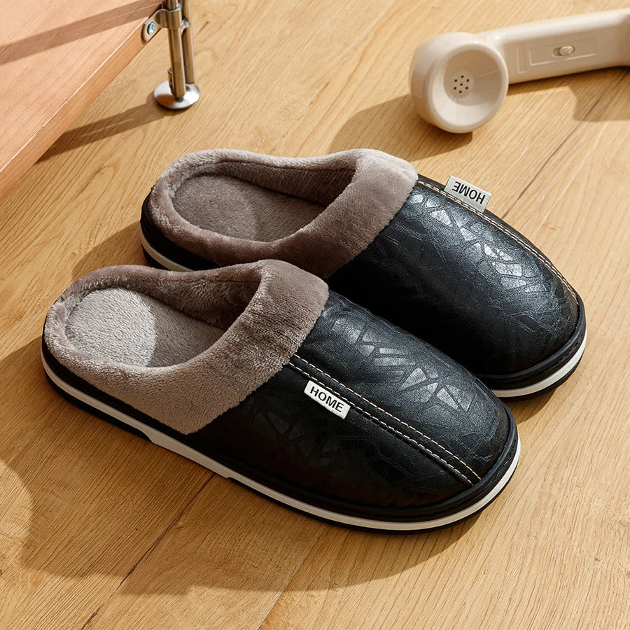 Marco | Men's Fleece Lined Leather Mule Slippers Black