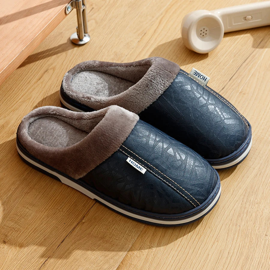 Marco | Men's Fleece Lined Leather Mule Slippers Black
