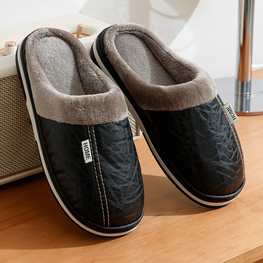 Marco | Men's Fleece Lined Leather Mule Slippers Black