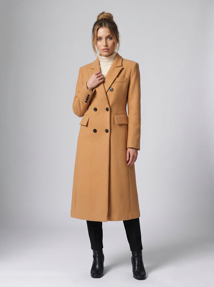 Dama Washington Ines women's double breasted wool coat camel long - on model