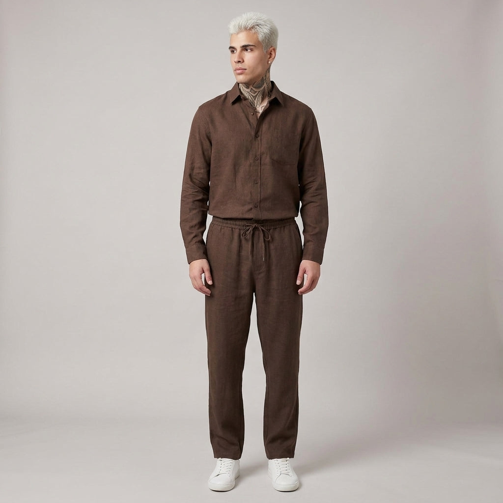Dama Washington Rowan oversized linen set Brown - full outfit model view