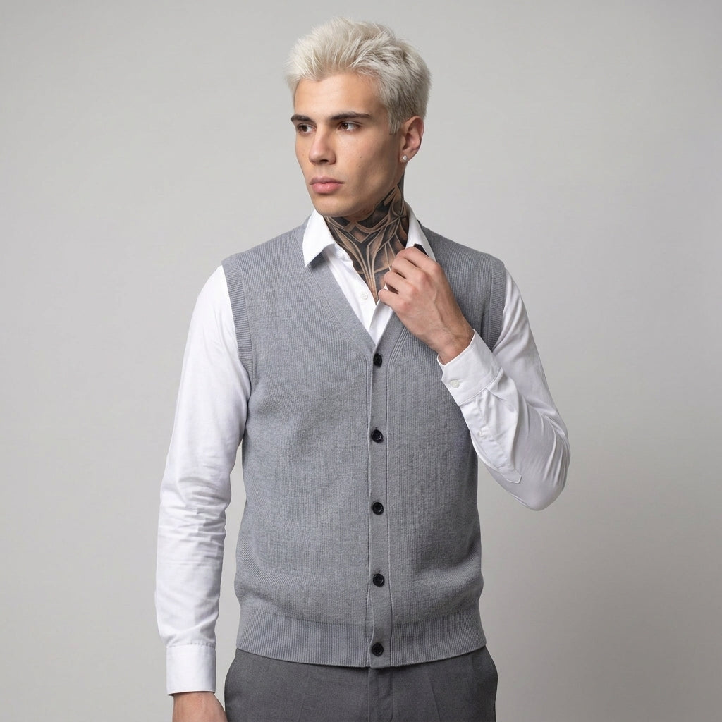 Dama Washington Beau button up V neck sweater vest Grey - model front view
