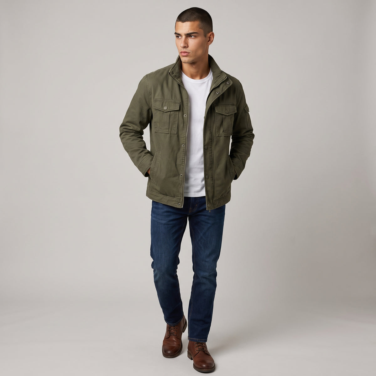 Dama Washington Axel men's military utility jacket Army Green multi pocket - full outfit model view