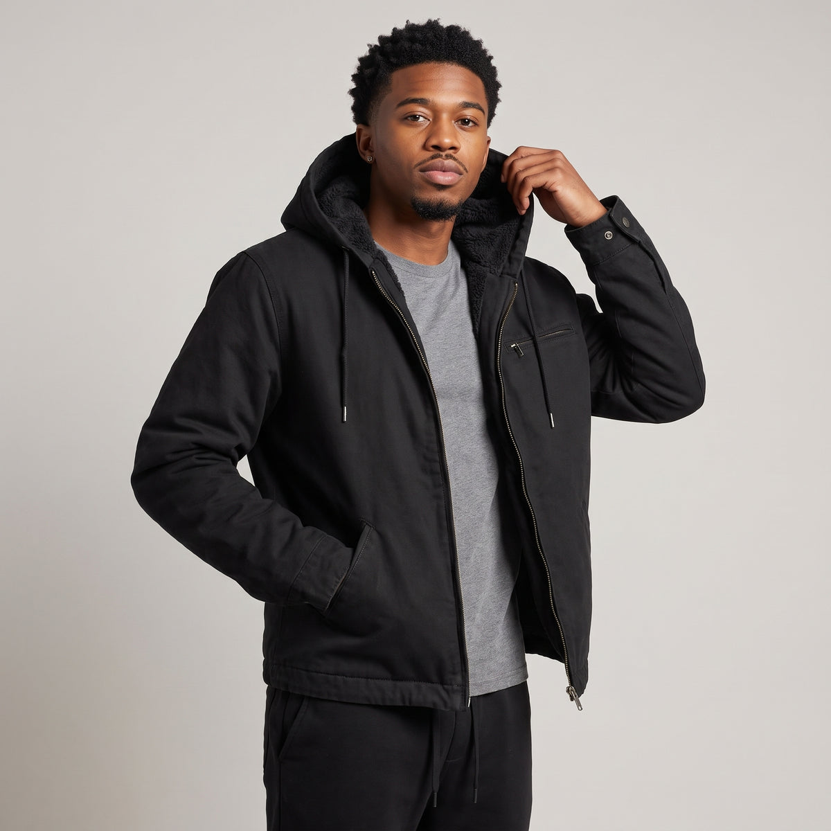 Dama Washington Magnus men's windbreaker fleece lined hooded jacket black - model front view