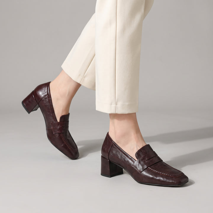 Dama Washington Camille women's block heel loafers burgundy slip on - on foot detail