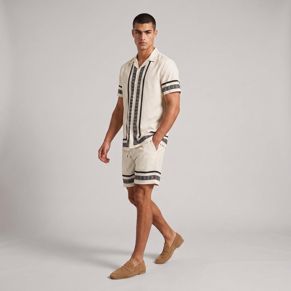 Dama Washington Axel geometric pattern shirt and shorts set White - full outfit model view