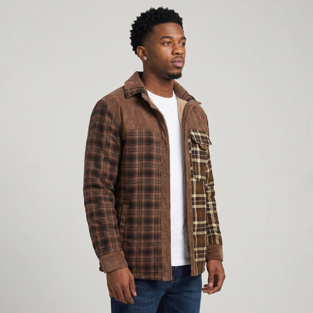 Dama Washington Bram sherpa lined plaid flannel jacket Brown - model front view