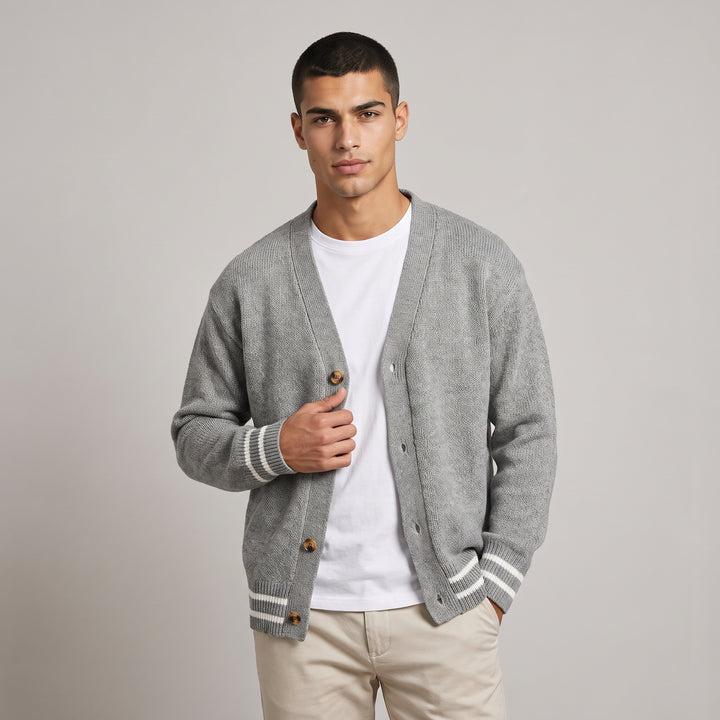 Dama Washington Beau men's casual cardigan gray white stripe knit - model front view