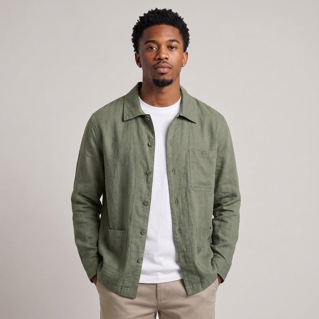 Dama Washington Hugo men's linen shirt jacket Green with pockets - model front view