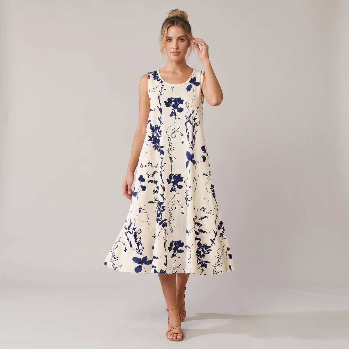 Dama Washington Esme women's floral midi dress sleeveless cream navy - model front view