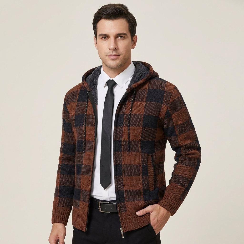 Dama Washington Callum plaid zip up hoodie Brown - model front view