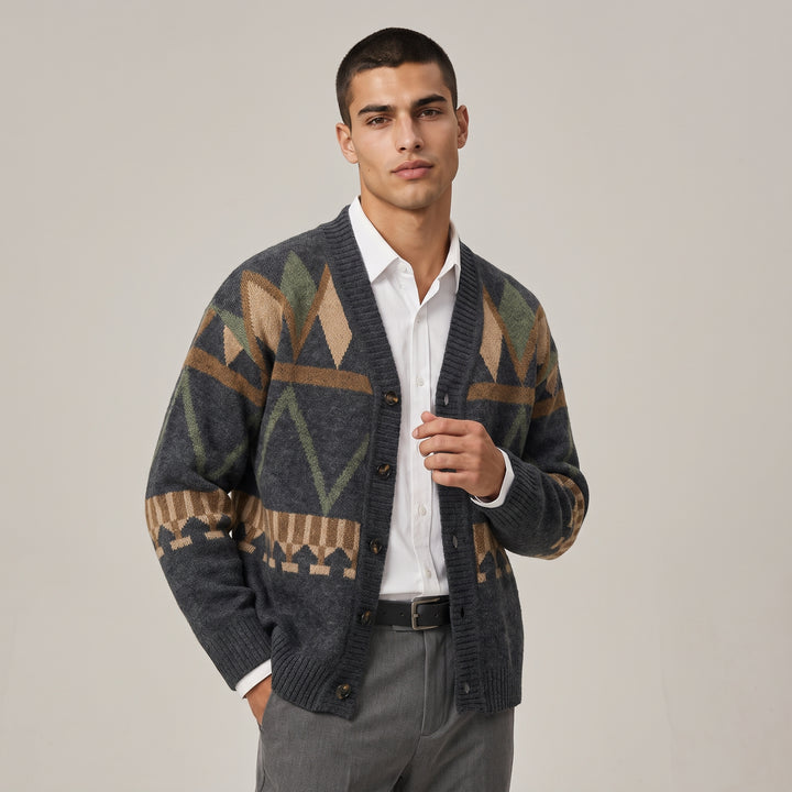 Dama Washington Jasper men's argyle cardigan charcoal gray - model front view