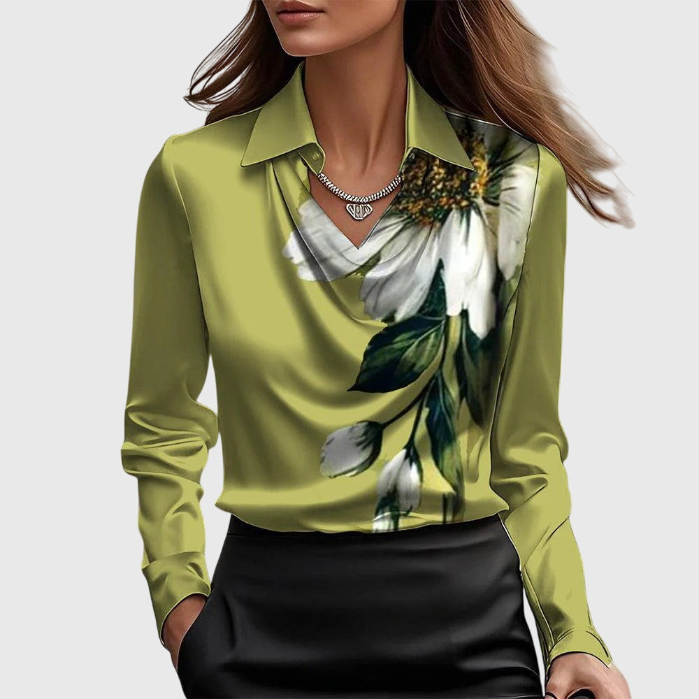 Cora | Women's Satin Blouse Cream Cowl Neck Long Sleeve