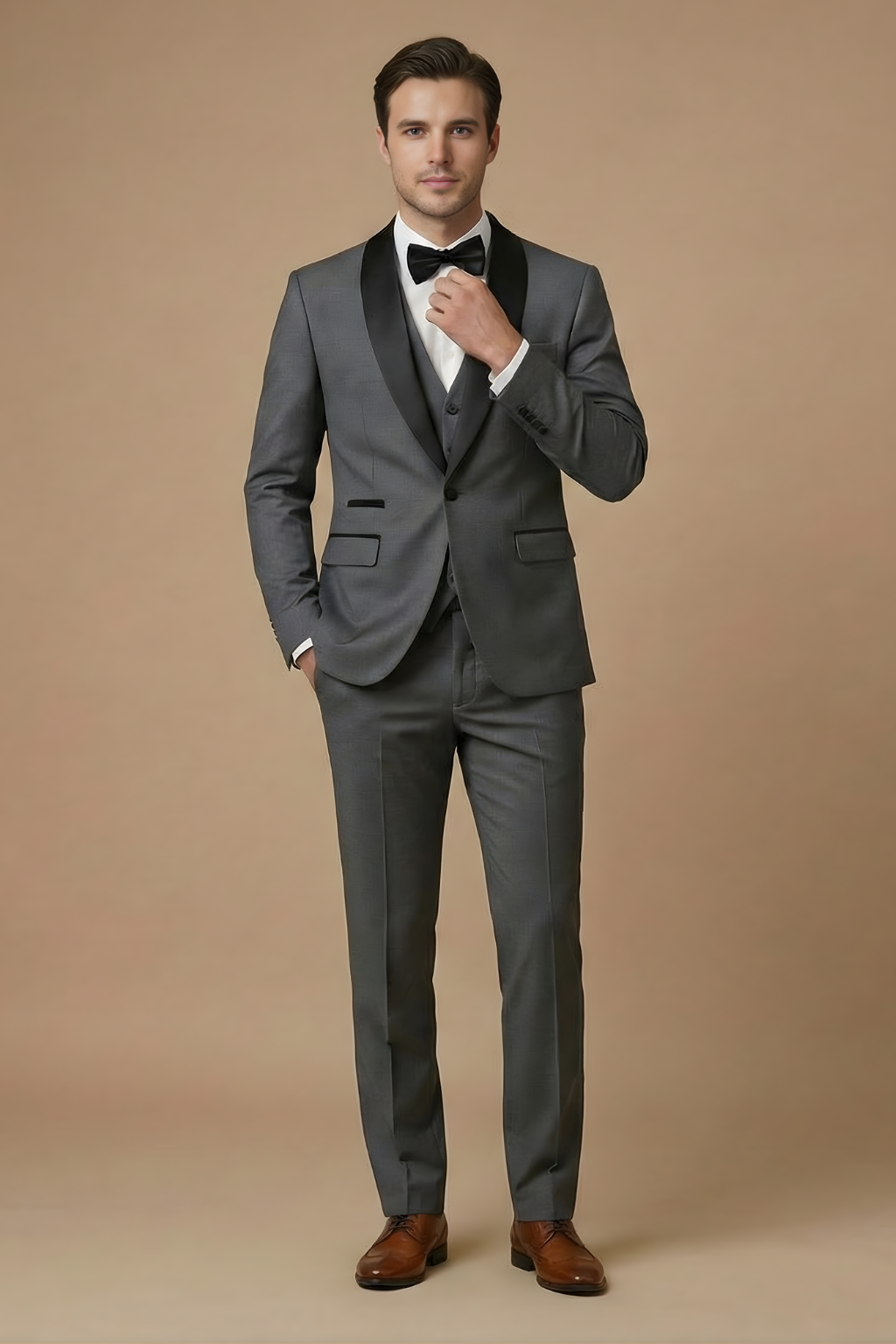 Voss | Men's Cream Three Piece Suit Black Shawl Lapel