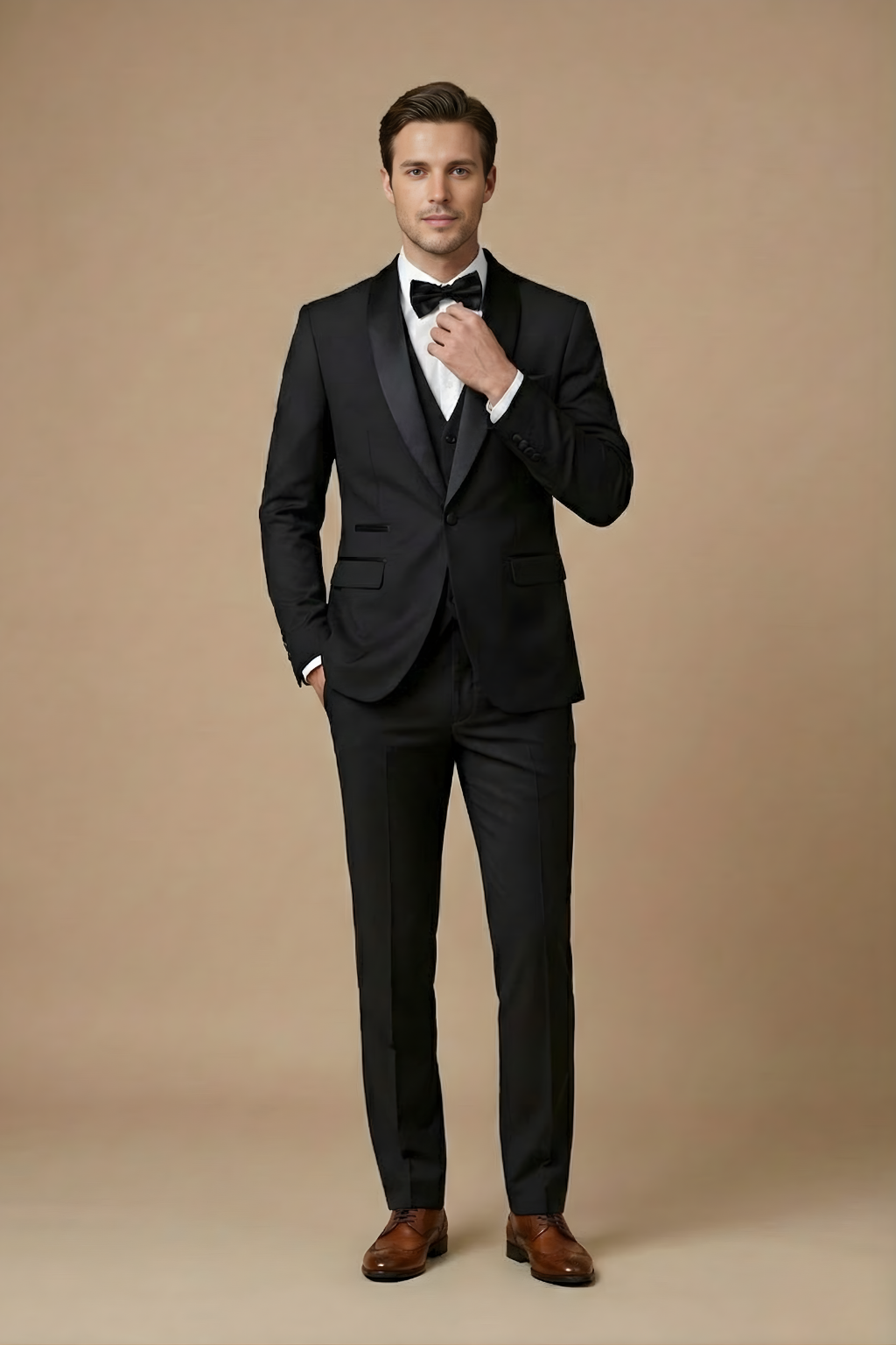 Voss | Men's Cream Three Piece Suit Black Shawl Lapel