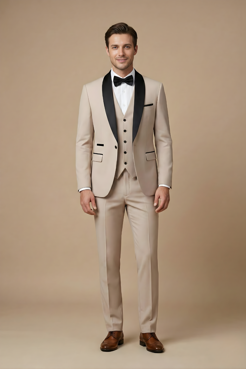 Voss | Men's Cream Three Piece Suit Black Shawl Lapel
