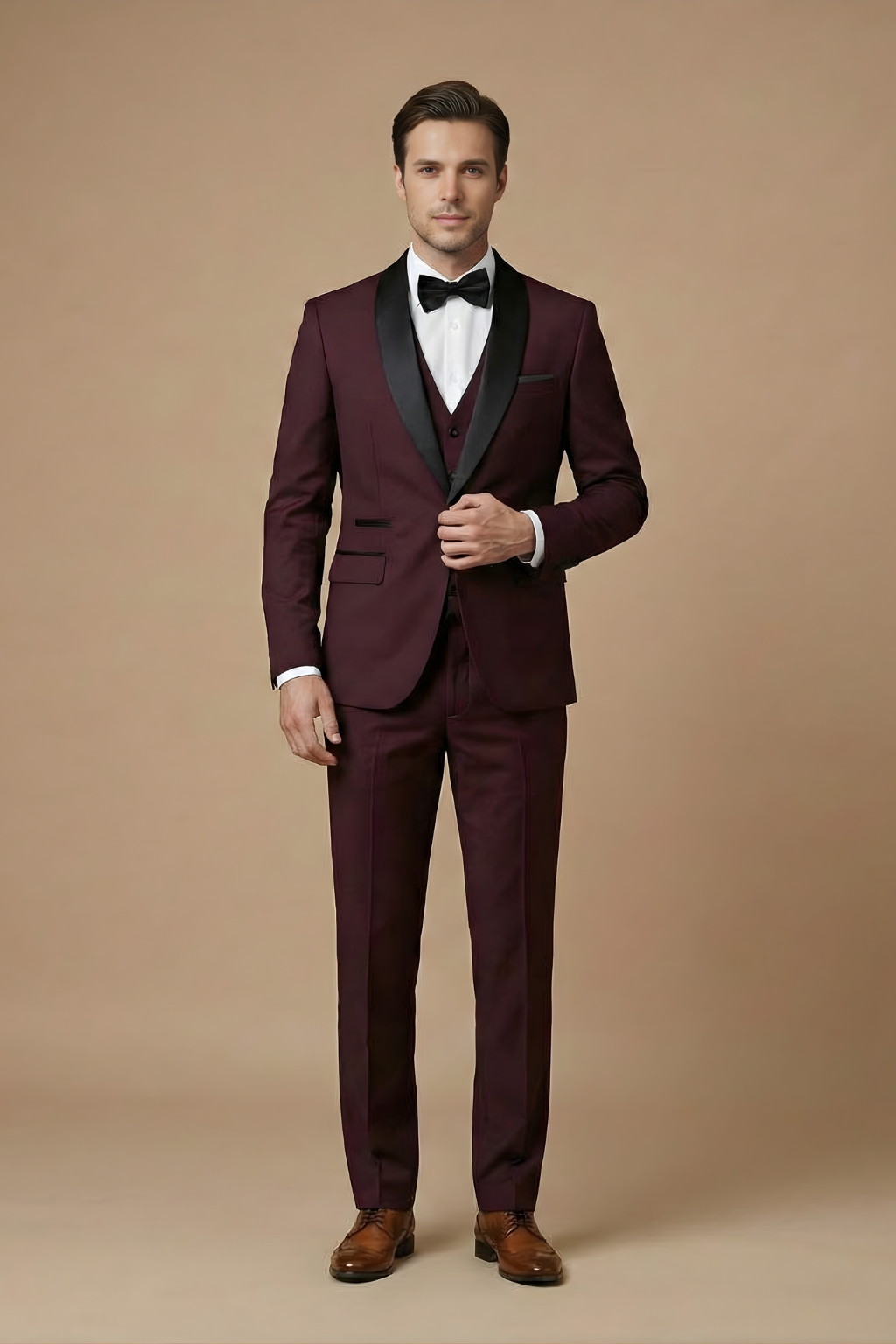 Voss | Men's Cream Three Piece Suit Black Shawl Lapel