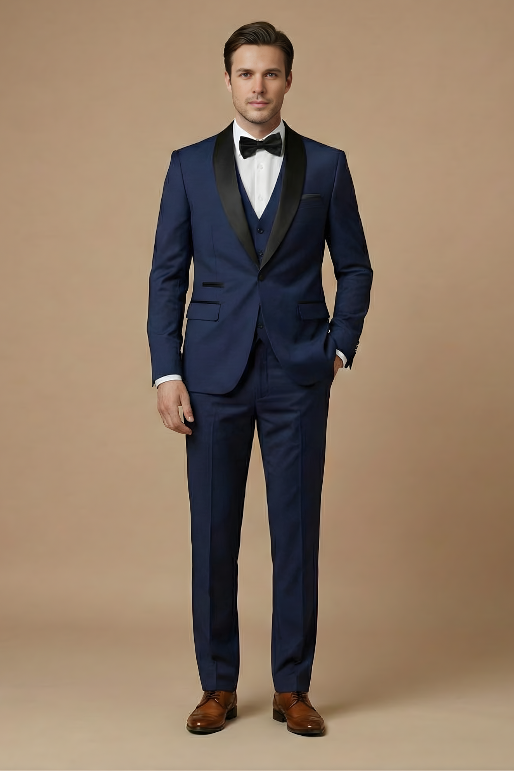 Voss | Men's Cream Three Piece Suit Black Shawl Lapel