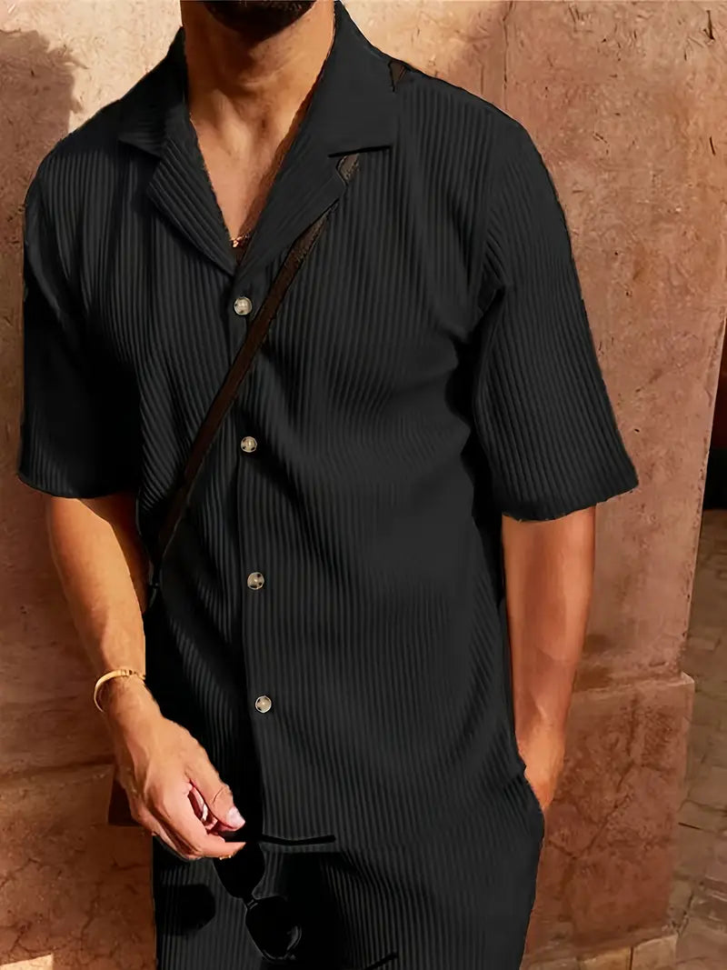 Elise | Men's Ribbed Shorts Set Cream Button Up