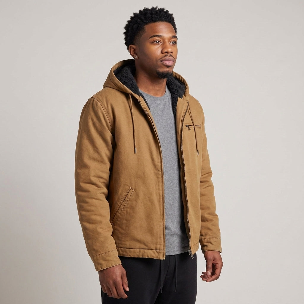 Dama Washington Magnus fleece lined hooded windbreaker jacket Camel - model front view