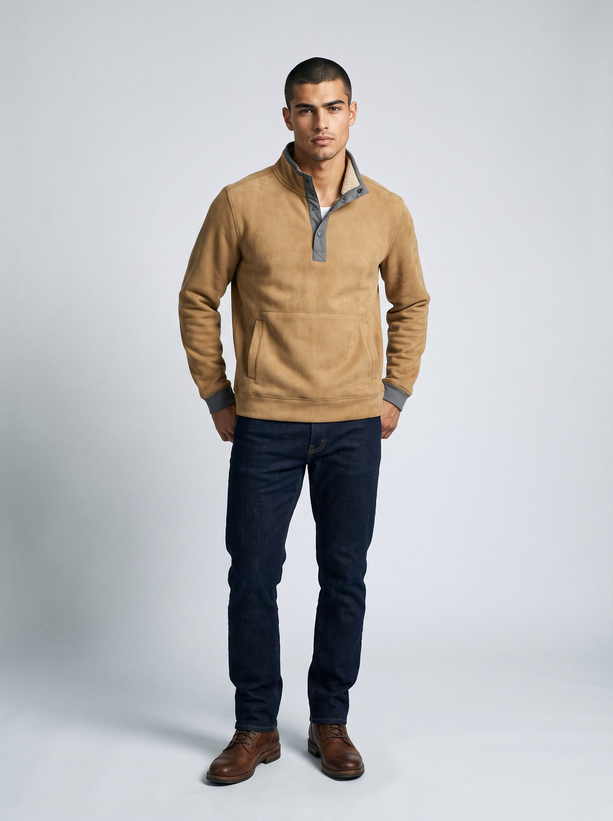 Dama Washington Bram men's quarter zip sherpa sweatshirt tan fleece lined - on model