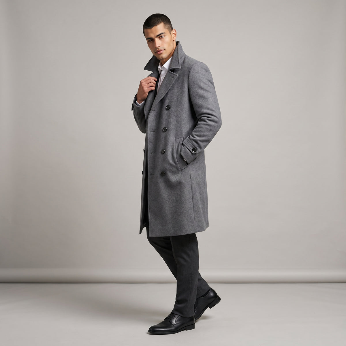 Dama Washington Callum men's double breasted wool coat gray long - model front view