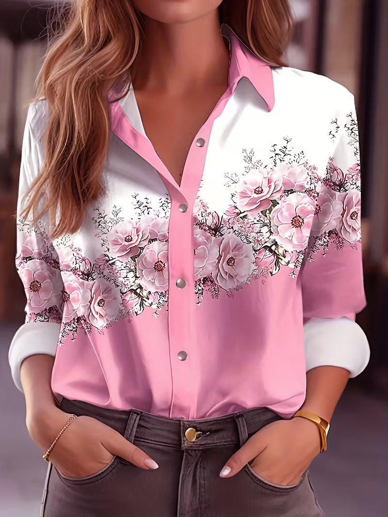 Faye | Women's Floral Button Down Shirt Pink White