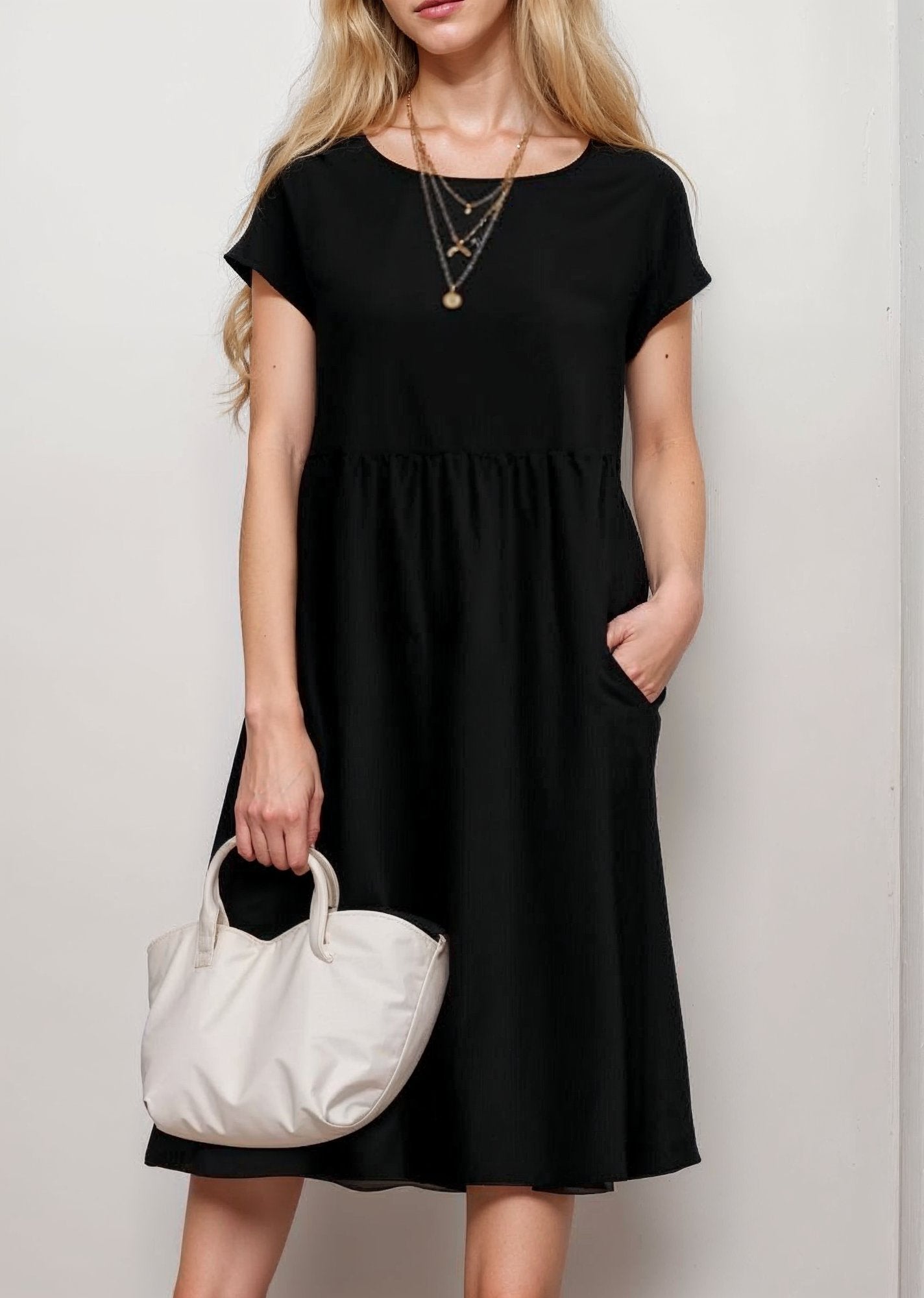 Aria | Women's Casual Midi Dress Black Short Sleeve