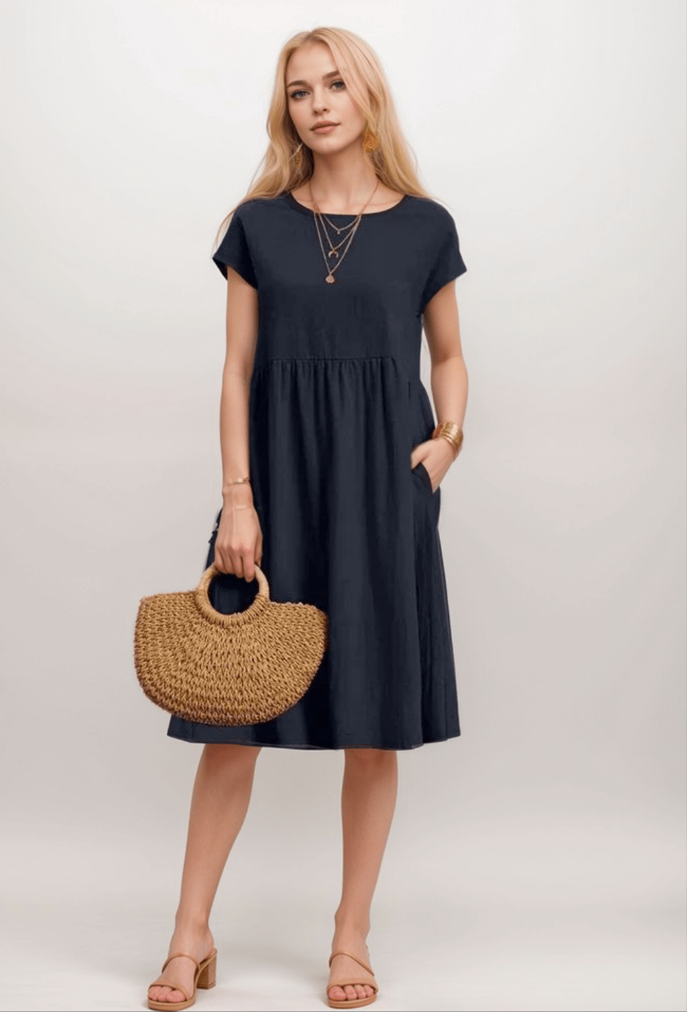Aria | Women's Casual Midi Dress Black Short Sleeve