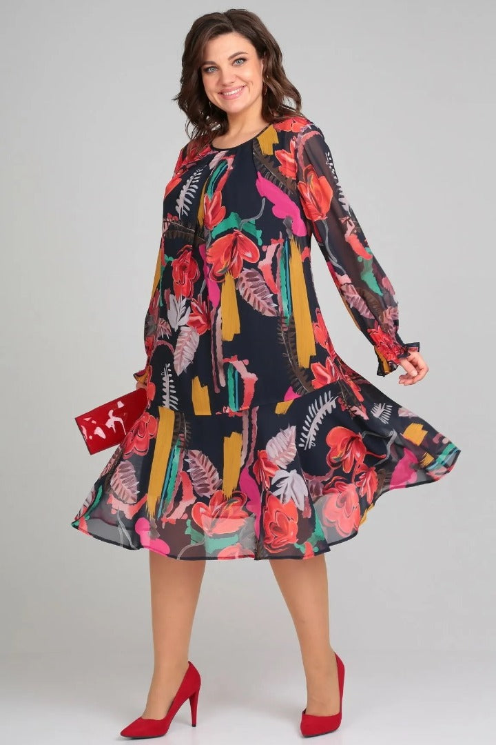 Luisa | Women's Floral Midi Dress Long Sleeve Black