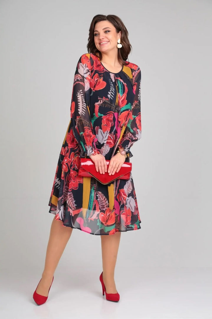 Luisa | Women's Floral Midi Dress Long Sleeve Black