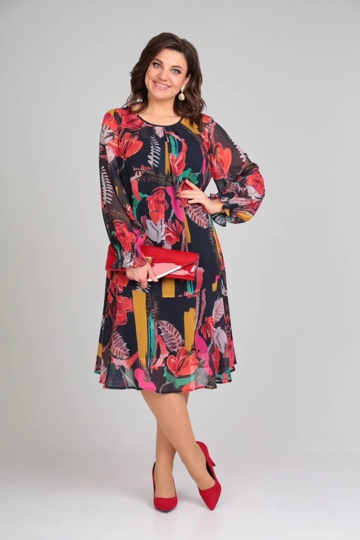Luisa | Women's Floral Midi Dress Long Sleeve Black