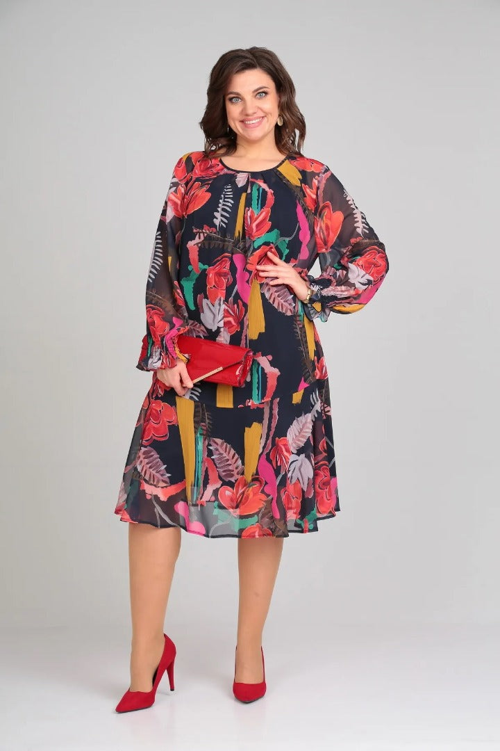 Luisa | Women's Floral Midi Dress Long Sleeve Black