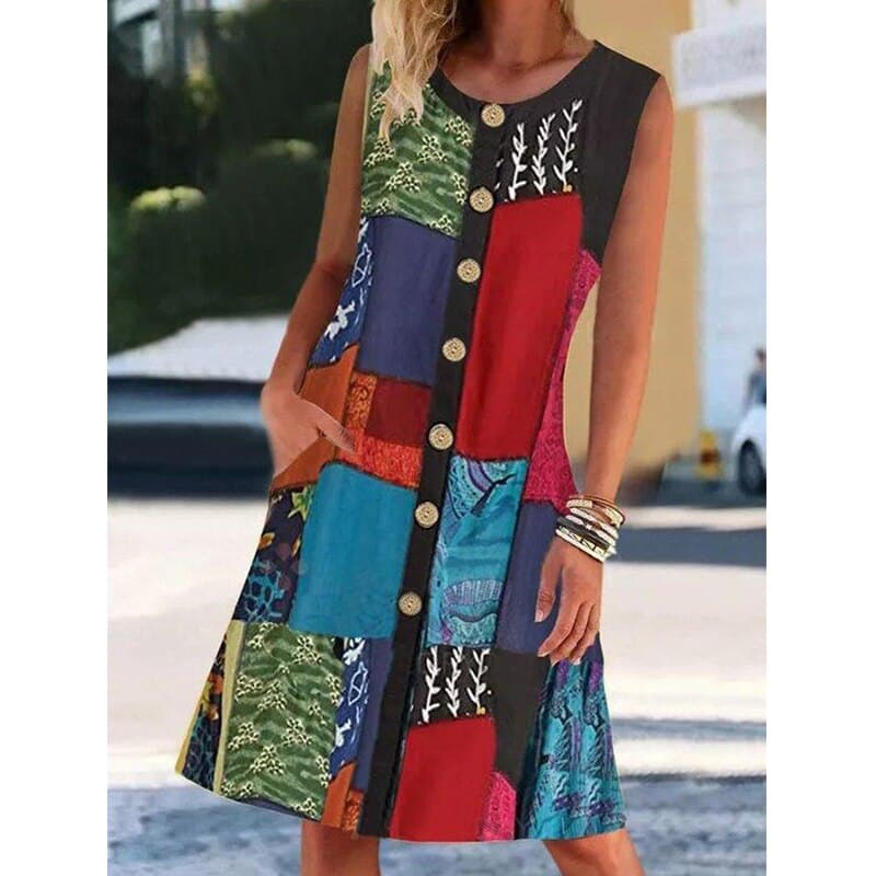 Demi | Women's Patchwork Midi Dress Button Front Multicolor