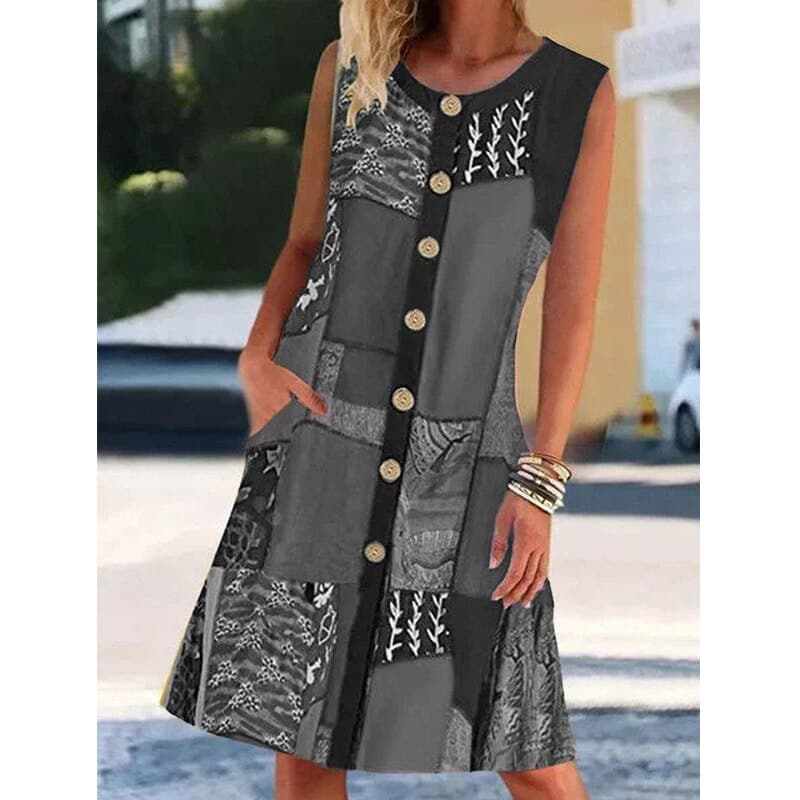 Demi | Women's Patchwork Midi Dress Button Front Multicolor