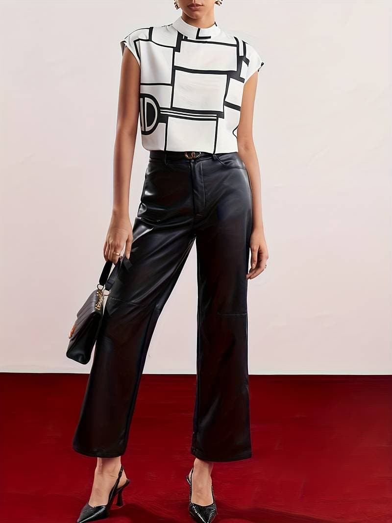 Cleo | Women's Geometric Print Mock Neck Top Cream Black